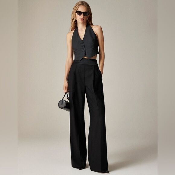 NWT J CREW TALL Collection wide-leg trouser pant in tuxedo wool in black - Picture 2 of 8
